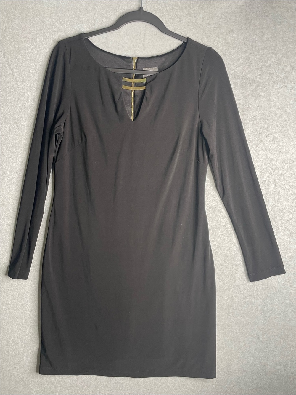 Vince Camuto Black Long-Sleeve Midi Sheath Dress with Gold Bar Detail